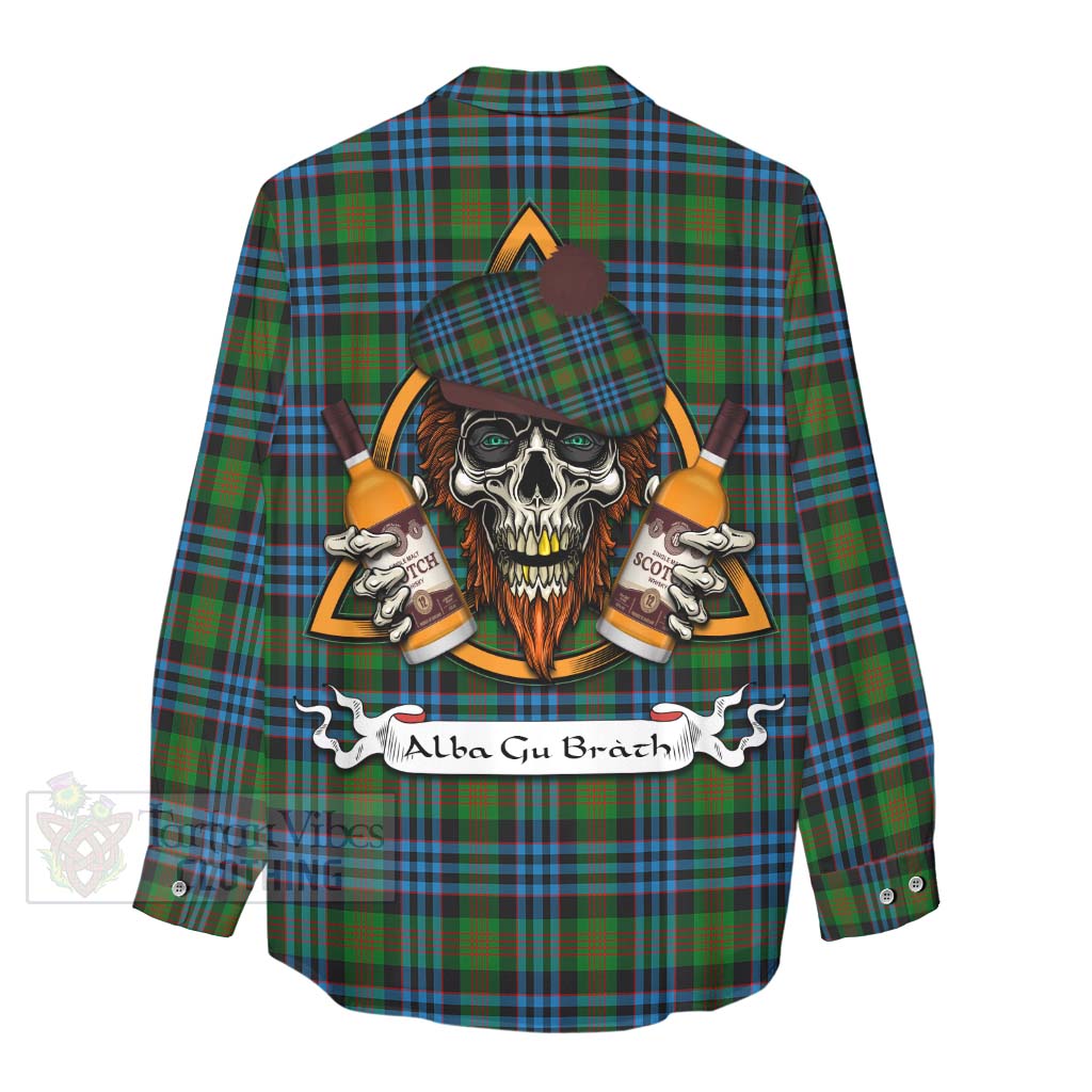 Tartan Vibes Clothing Newlands Tartan Women's Casual Shirt with Family Crest and Bearded Skull Holding Bottles of Whiskey