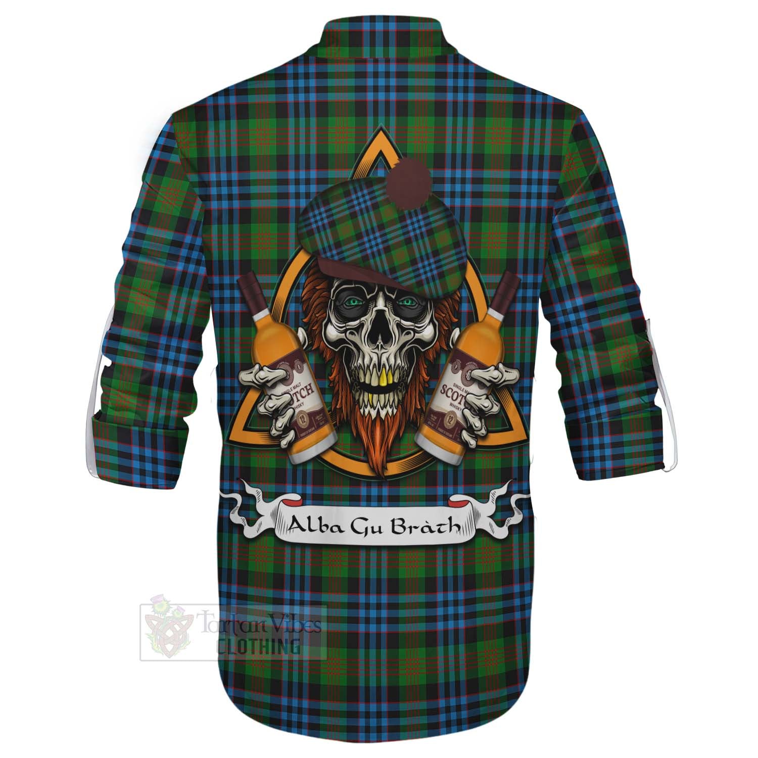 Tartan Vibes Clothing Newlands Tartan Ghillie Kilt Shirt with Family Crest and Bearded Skull Holding Bottles of Whiskey