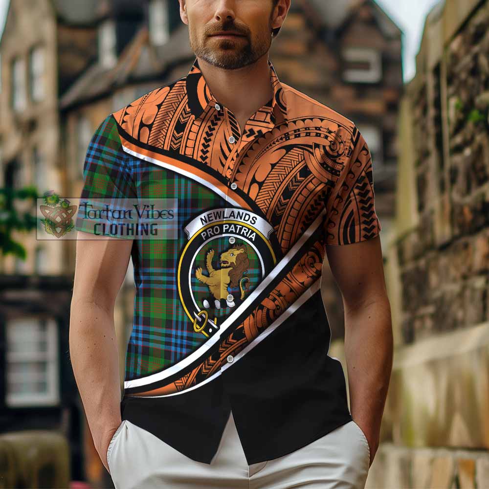 Tartan Vibes Clothing Newlands Crest Tartan Short Sleeve Button Shirt with Maori Tattoo Style - Orange Version