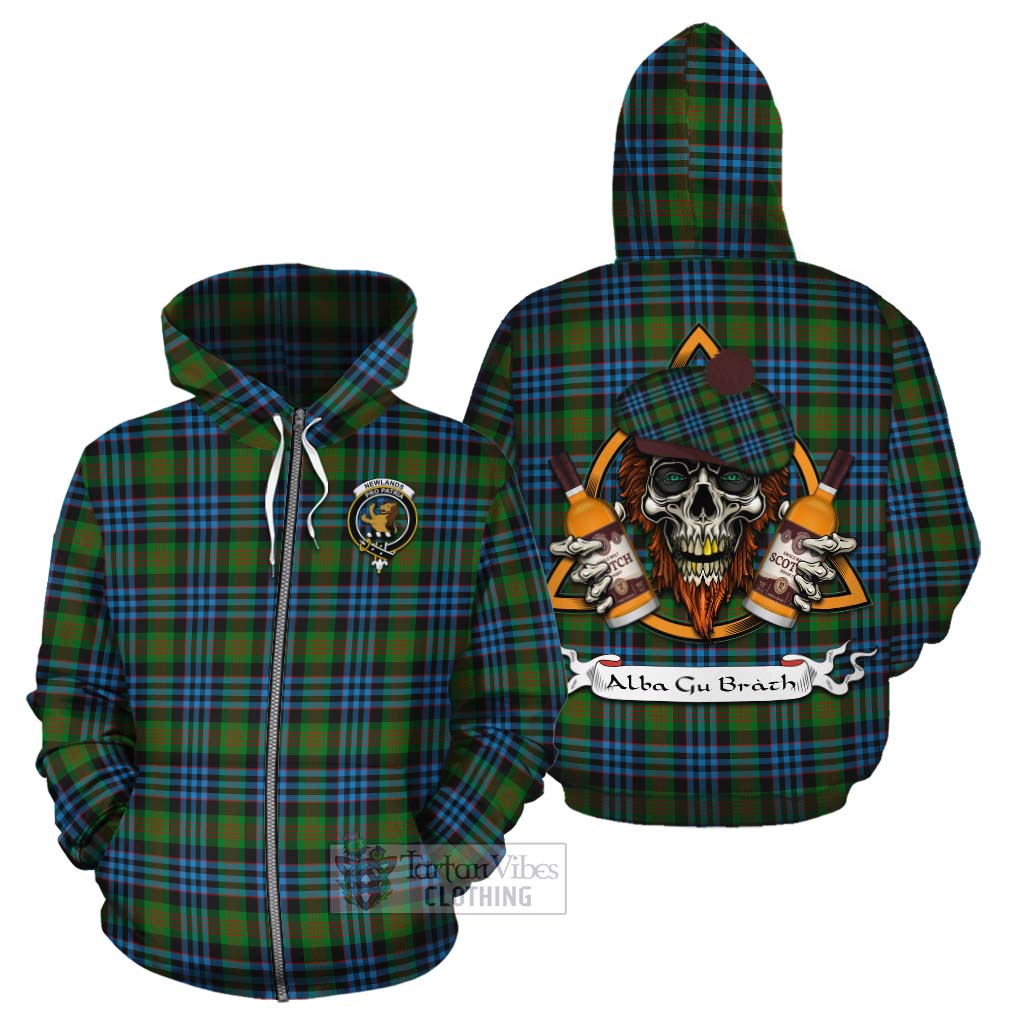 Tartan Vibes Clothing Newlands Tartan Cotton Hoodie with Family Crest and Bearded Skull Holding Bottles of Whiskey