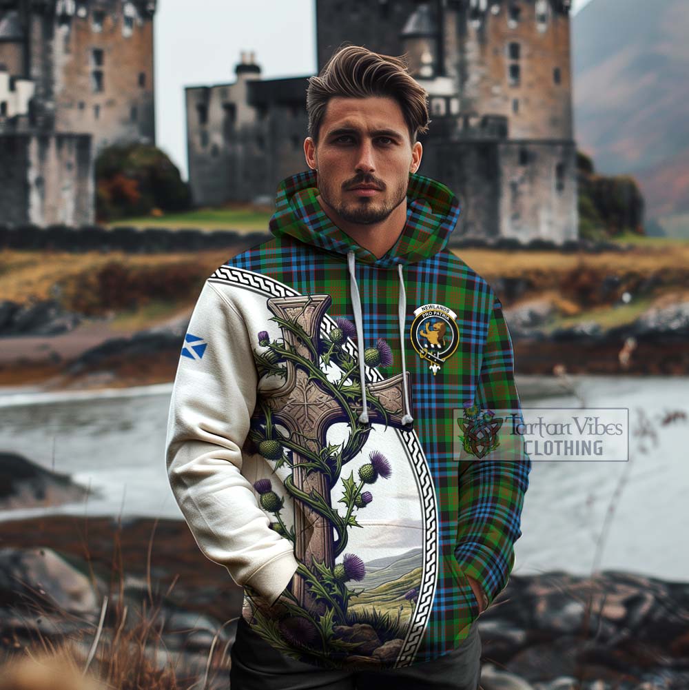 Tartan Vibes Clothing Newlands Tartan Cotton Hoodie with Family Crest and St. Andrew's Cross Accented by Thistle Vines