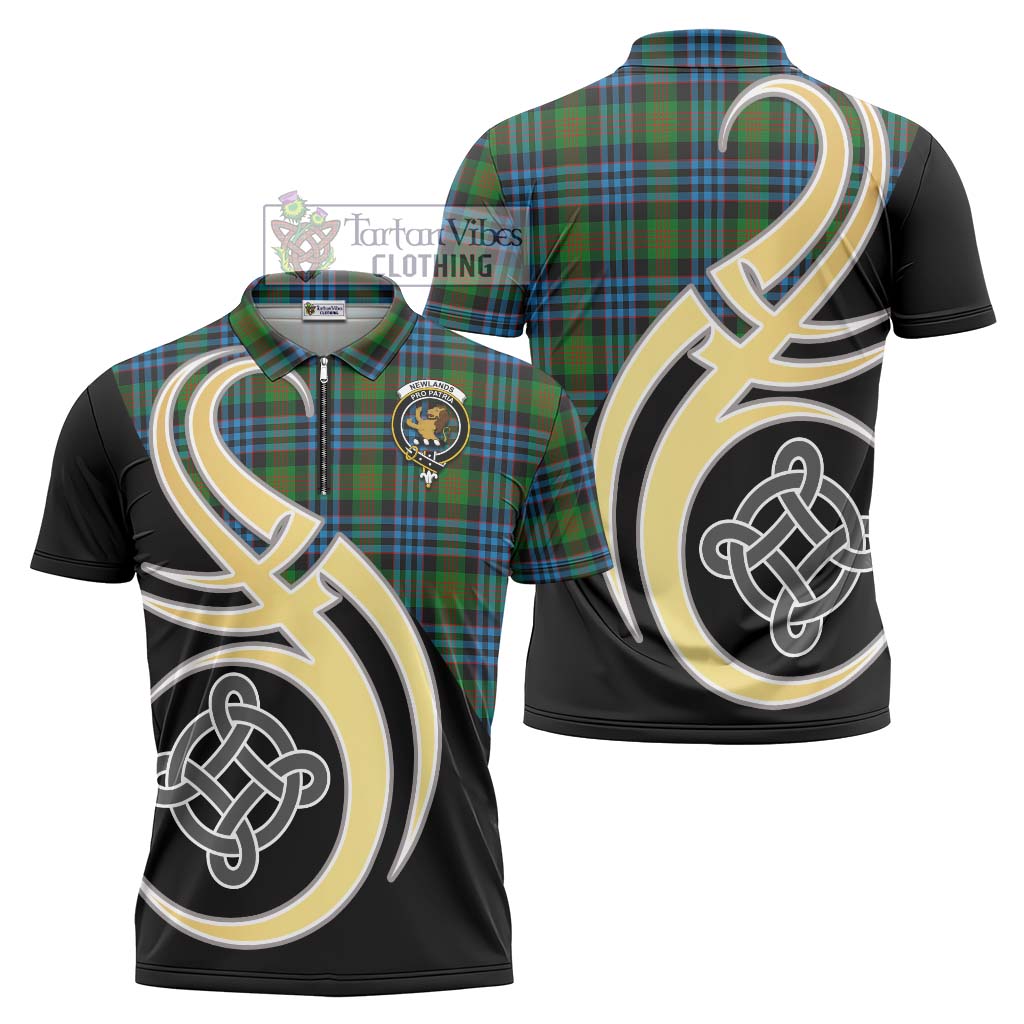 Tartan Vibes Clothing Newlands of Lauriston Tartan Zipper Polo Shirt with Family Crest and Celtic Symbol Style