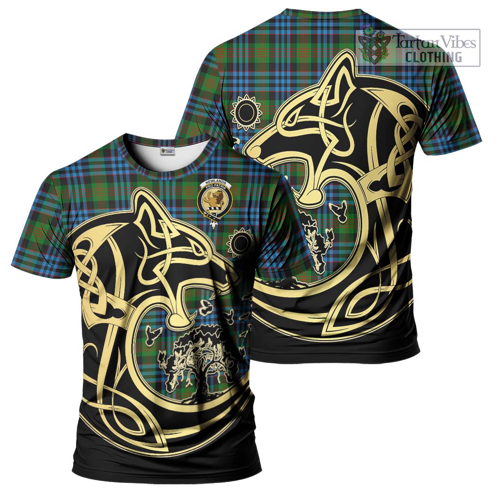 Tartan Vibes Clothing Newlands of Lauriston Tartan T-Shirt with Family Crest Celtic Wolf Style