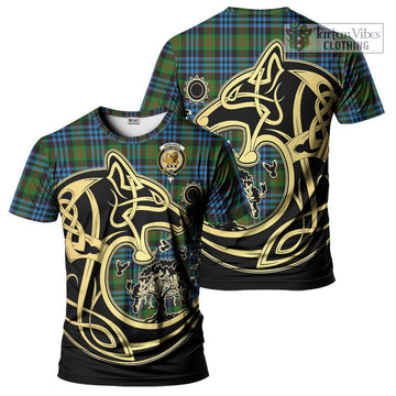 Newlands of Lauriston Tartan T-Shirt with Family Crest Celtic Wolf Style