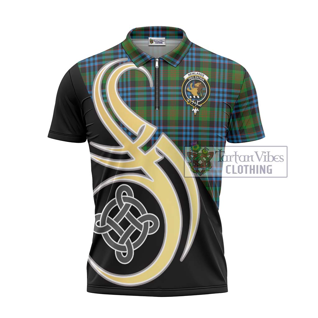 Tartan Vibes Clothing Newlands of Lauriston Tartan Zipper Polo Shirt with Family Crest and Celtic Symbol Style