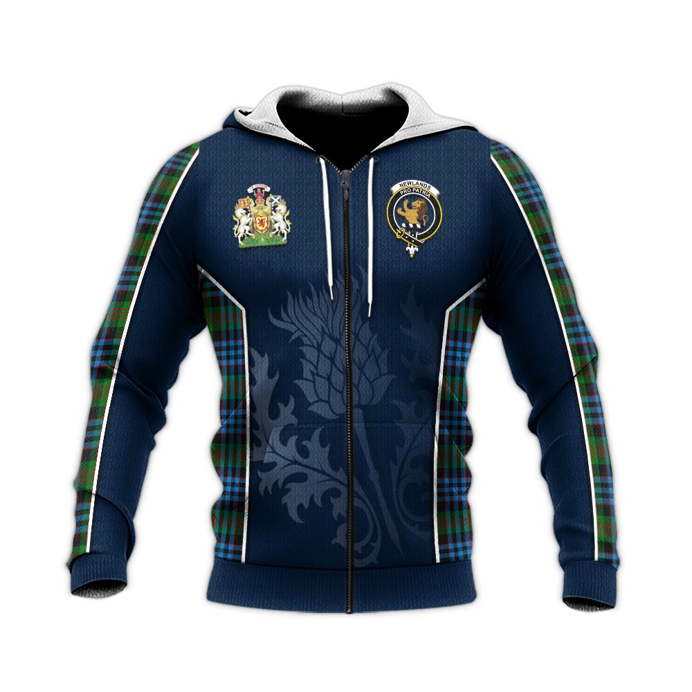 Tartan Vibes Clothing Newlands of Lauriston Tartan Knitted Hoodie with Family Crest and Scottish Thistle Vibes Sport Style