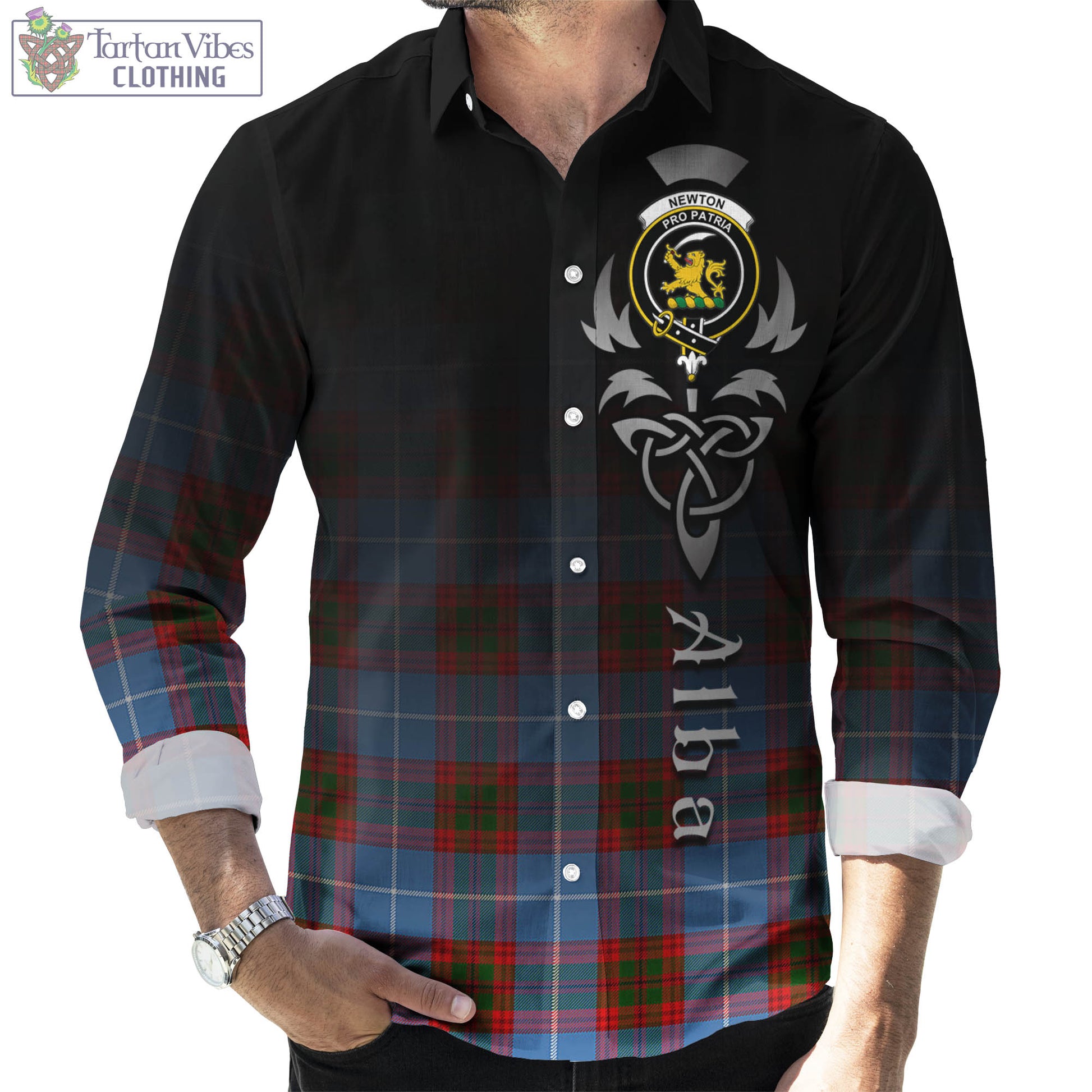 Tartan Vibes Clothing Newton Tartan Long Sleeve Button Up Featuring Alba Gu Brath Family Crest Celtic Inspired