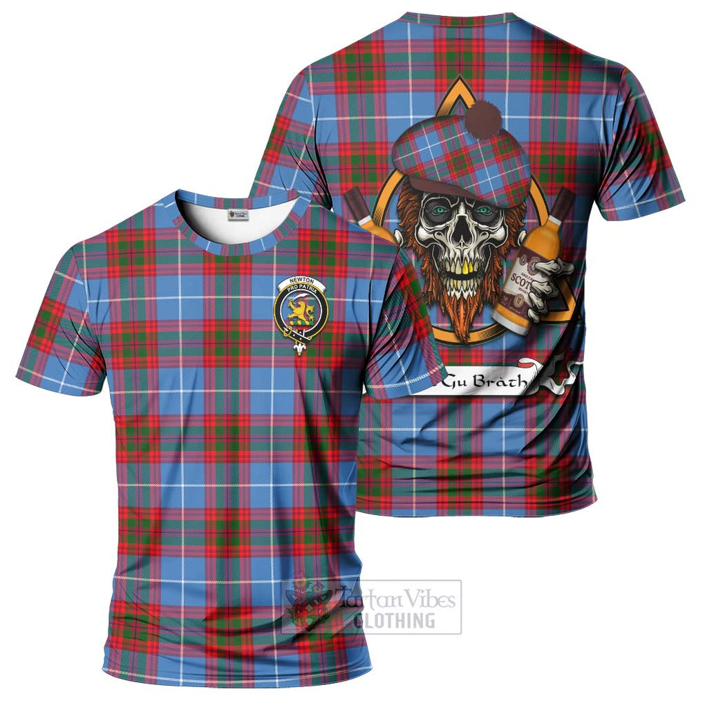 Tartan Vibes Clothing Newton Tartan T-Shirt with Family Crest and Bearded Skull Holding Bottles of Whiskey