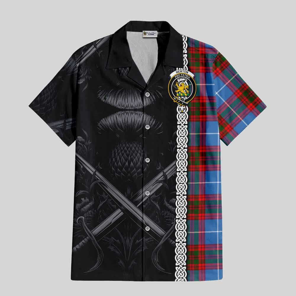 Tartan Vibes Clothing Newton Tartan Short Sleeve Button Shirt with Family Crest Cross Sword Thistle Celtic Vibes