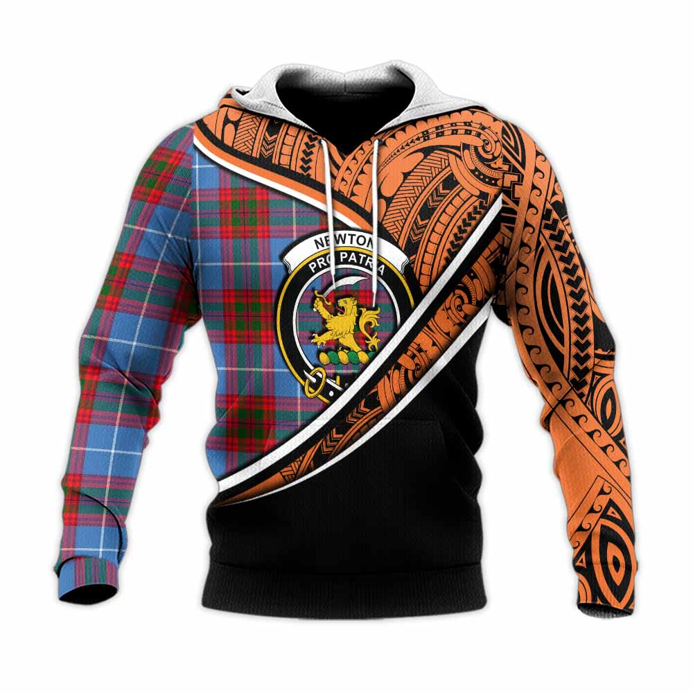 Tartan Vibes Clothing Newton Crest Tartan Knitted Hoodie with Maori Tattoo Style - Orange Version