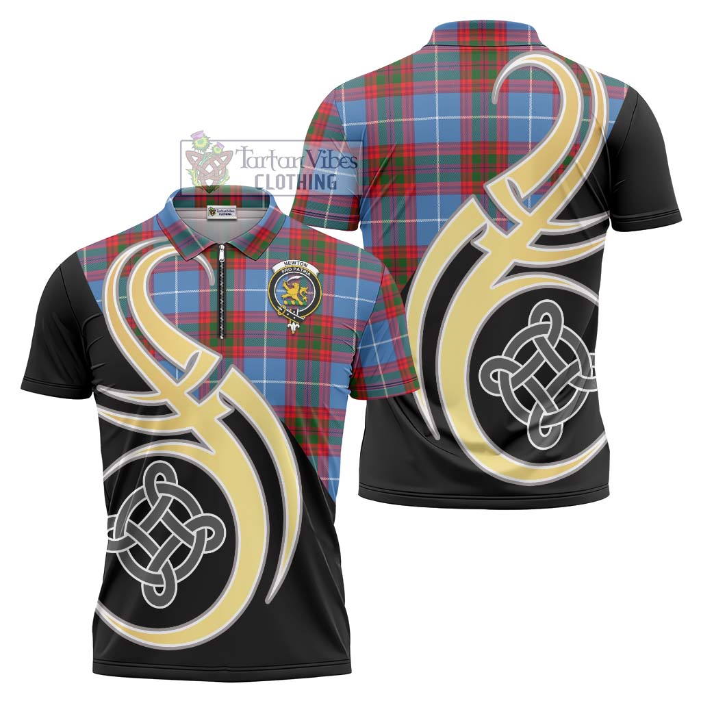 Tartan Vibes Clothing Newton Tartan Zipper Polo Shirt with Family Crest and Celtic Symbol Style