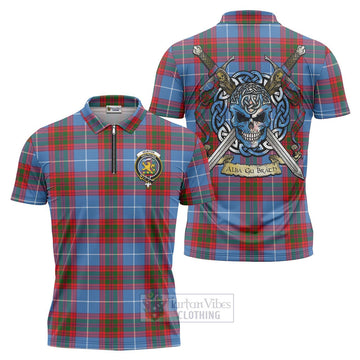 Newton Tartan Zipper Polo Shirt with Family Crest Celtic Skull Style