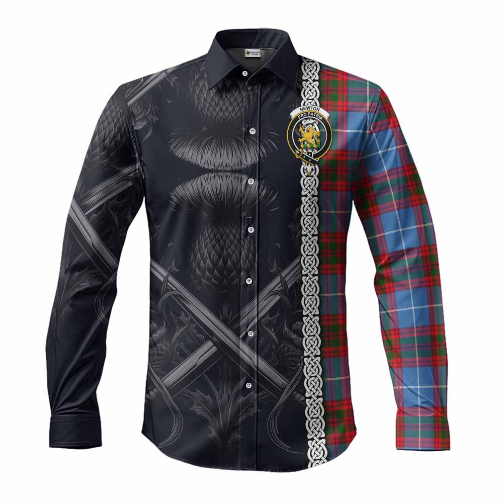 Tartan Vibes Clothing Newton Tartan Long Sleeve Button Shirt with Family Crest Cross Sword Thistle Celtic Vibes