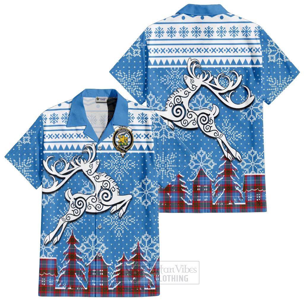 Tartan Vibes Clothing Newton Clan Christmas Short Sleeve Button Shirt Celtic Reindeer Style