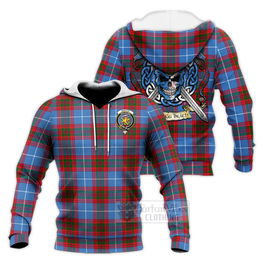 Tartan Vibes Clothing Newton Tartan Knitted Hoodie with Family Crest Celtic Skull Style