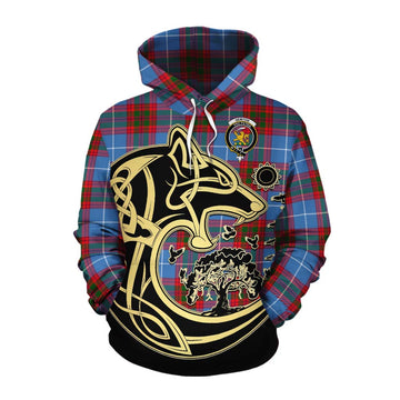 Newton Tartan Cotton Hoodie with Family Crest Celtic Wolf Style