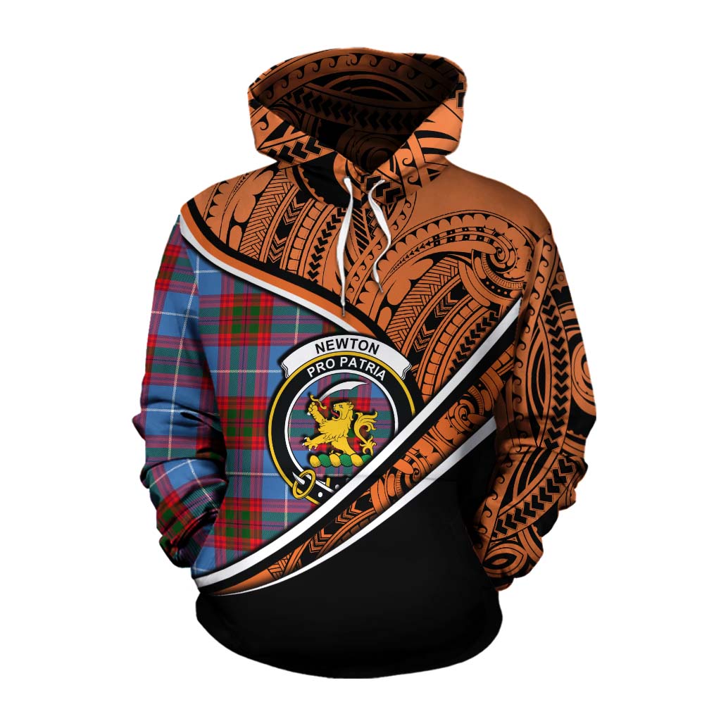 Tartan Vibes Clothing Newton Crest Tartan Cotton Hoodie with Maori Tattoo Style - Orange Version