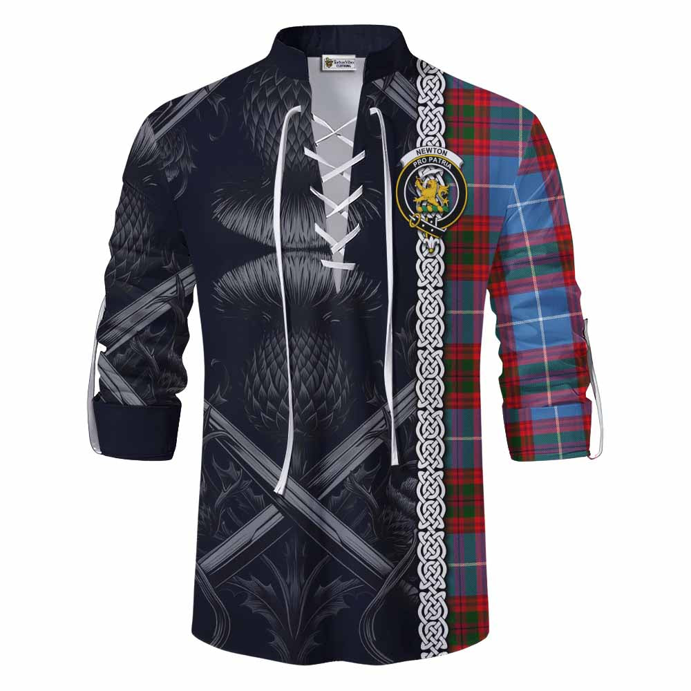 Tartan Vibes Clothing Newton Tartan Ghillie Kilt Shirt with Family Crest Cross Sword Thistle Celtic Vibes