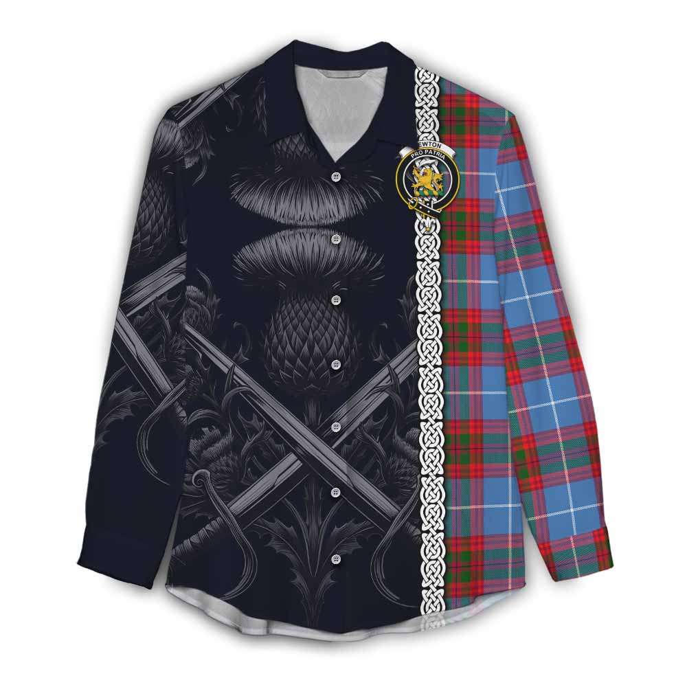 Tartan Vibes Clothing Newton Tartan Women's Casual Shirt with Family Crest Cross Sword Thistle Celtic Vibes