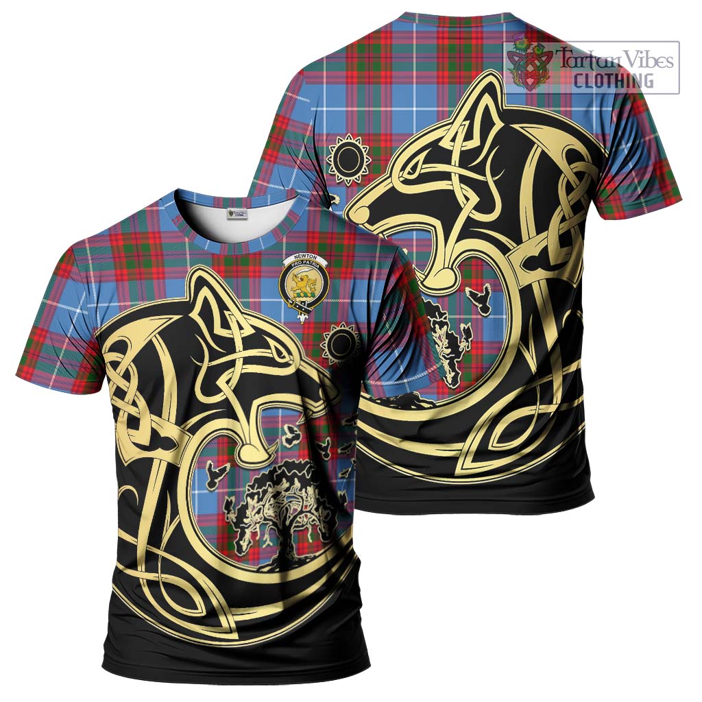 Tartan Vibes Clothing Newton Tartan T-Shirt with Family Crest Celtic Wolf Style