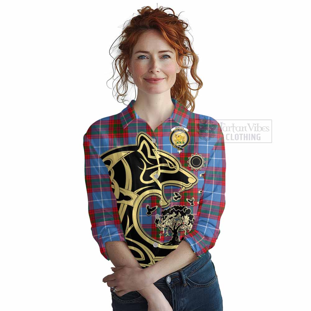 Tartan Vibes Clothing Newton Tartan Women's Casual Shirt with Family Crest Celtic Wolf Style