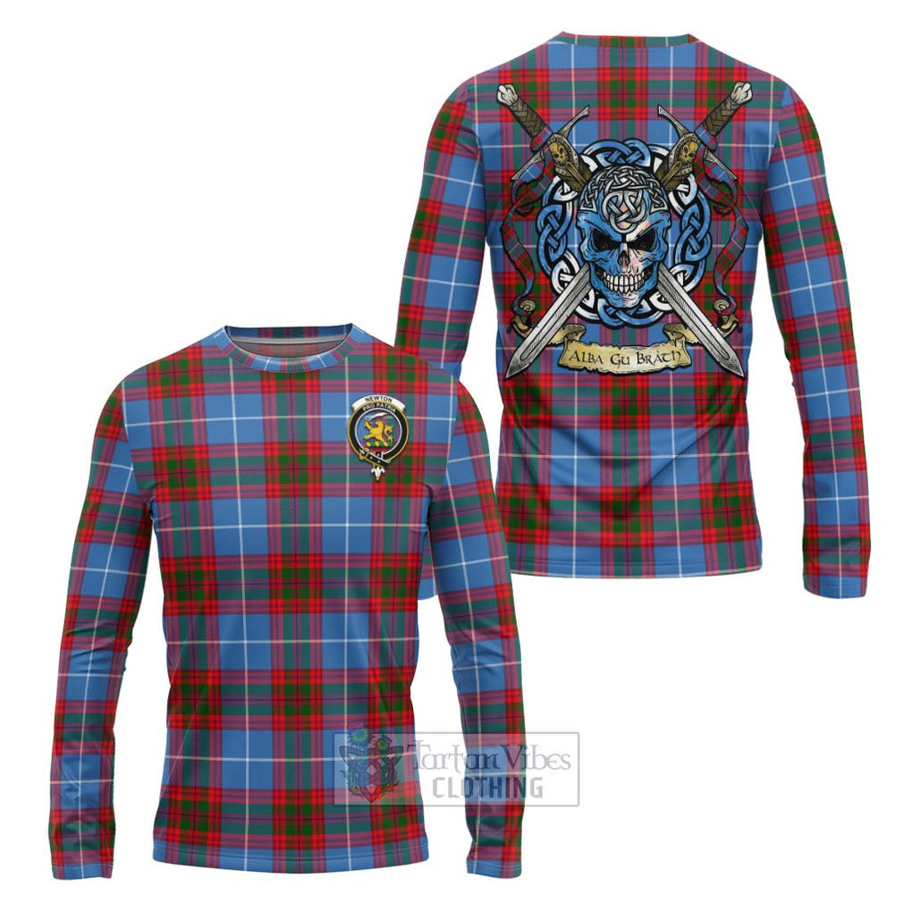 Tartan Vibes Clothing Newton Tartan Long Sleeve T-Shirt with Family Crest Celtic Skull Style