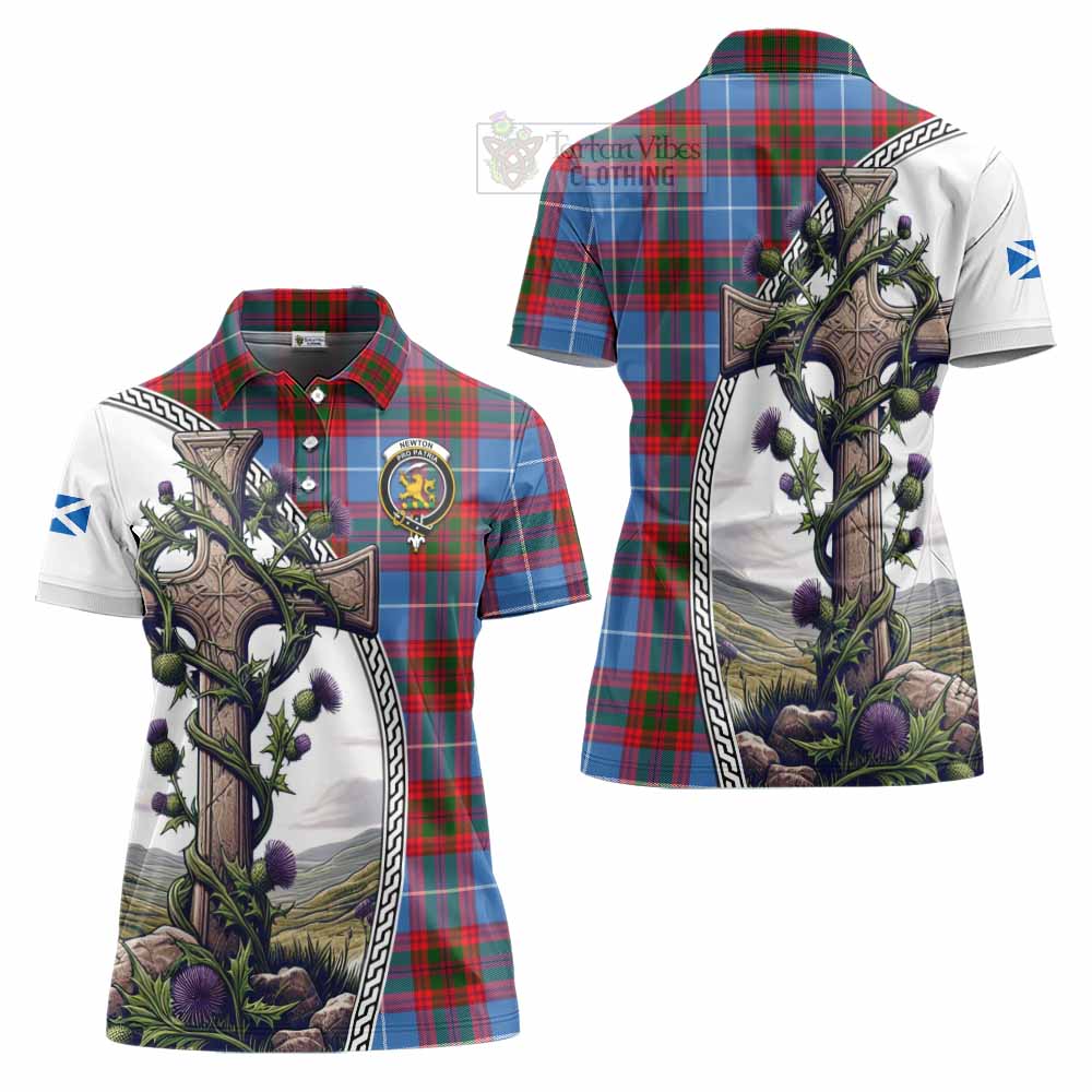 Tartan Vibes Clothing Newton Tartan Women's Polo Shirt with Family Crest and St. Andrew's Cross Accented by Thistle Vines