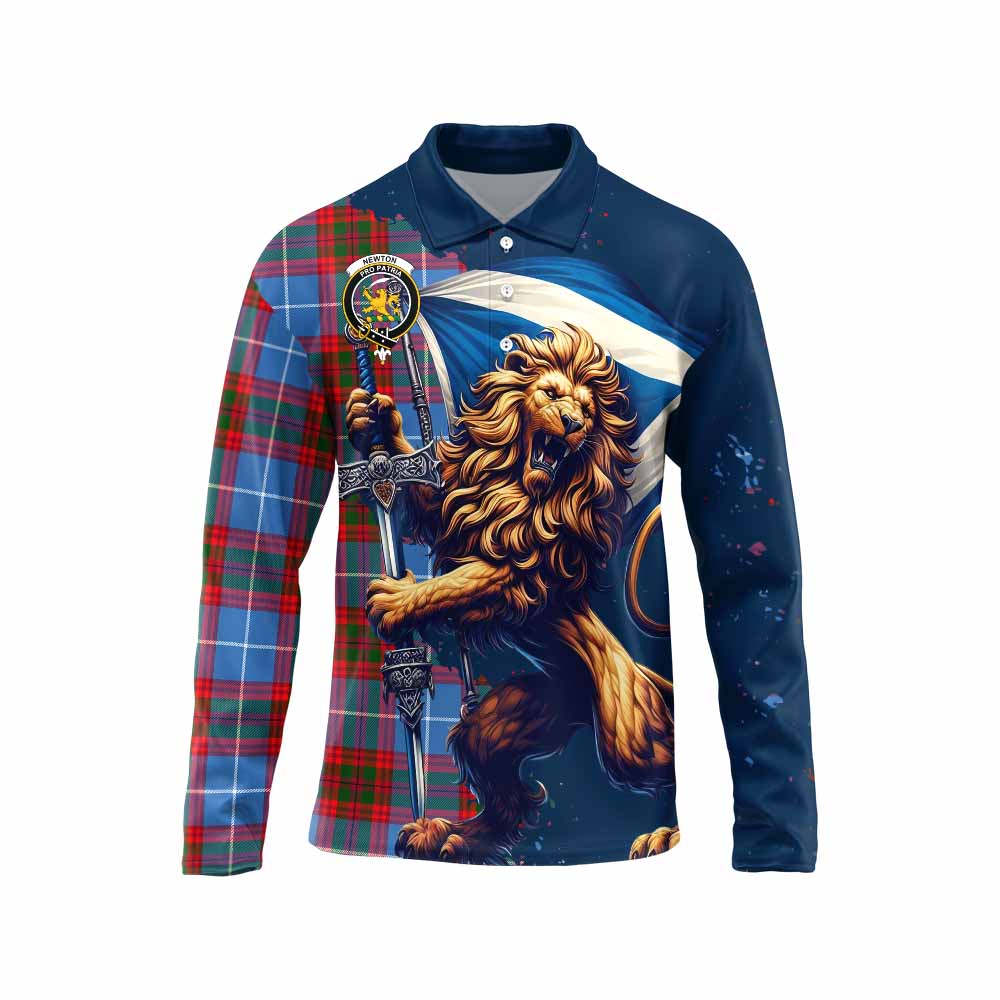 Tartan Vibes Clothing Newton Tartan Family Crest Long Sleeve Polo Shirt with Scottish Majestic Lion