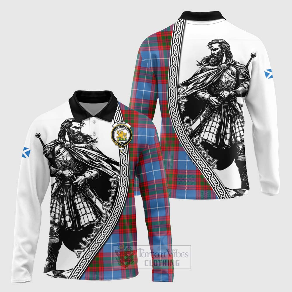 Tartan Vibes Clothing Newton Tartan Clan Crest Long Sleeve Polo Shirt with Highlander Warrior Celtic Style