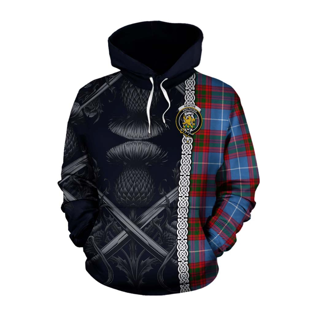 Tartan Vibes Clothing Newton Tartan Cotton Hoodie with Family Crest Cross Sword Thistle Celtic Vibes