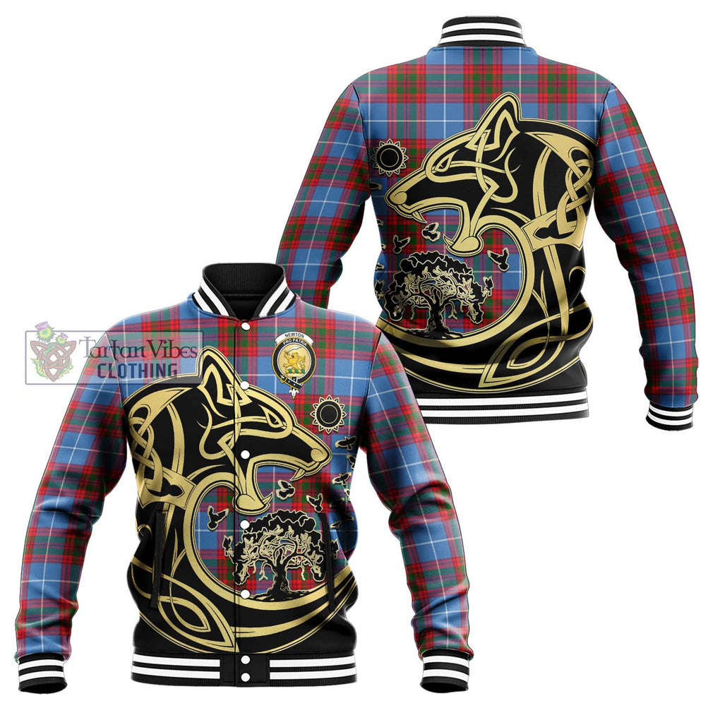 Newton Tartan Baseball Jacket with Family Crest Celtic Wolf Style Unisex - Tartan Vibes Clothing