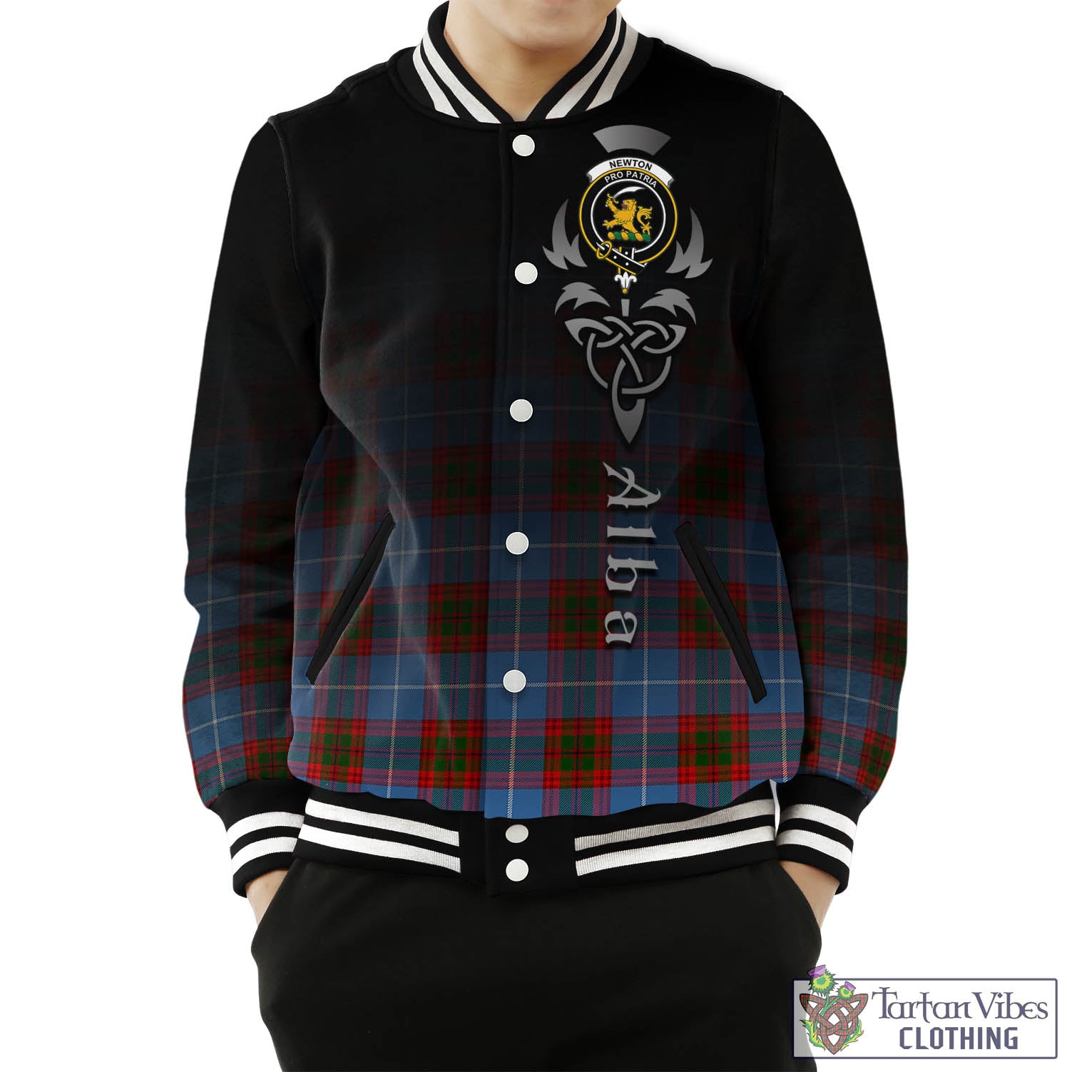 Tartan Vibes Clothing Newton Tartan Baseball Jacket Featuring Alba Gu Brath Family Crest Celtic Inspired