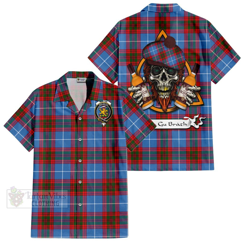 Tartan Vibes Clothing Newton Tartan Short Sleeve Button Shirt with Family Crest and Bearded Skull Holding Bottles of Whiskey