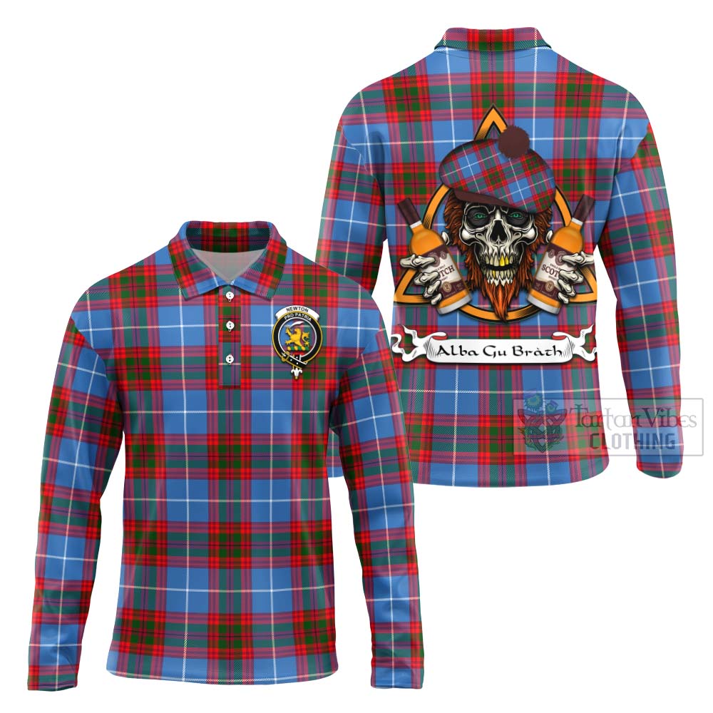 Tartan Vibes Clothing Newton Tartan Long Sleeve Polo Shirt with Family Crest and Bearded Skull Holding Bottles of Whiskey