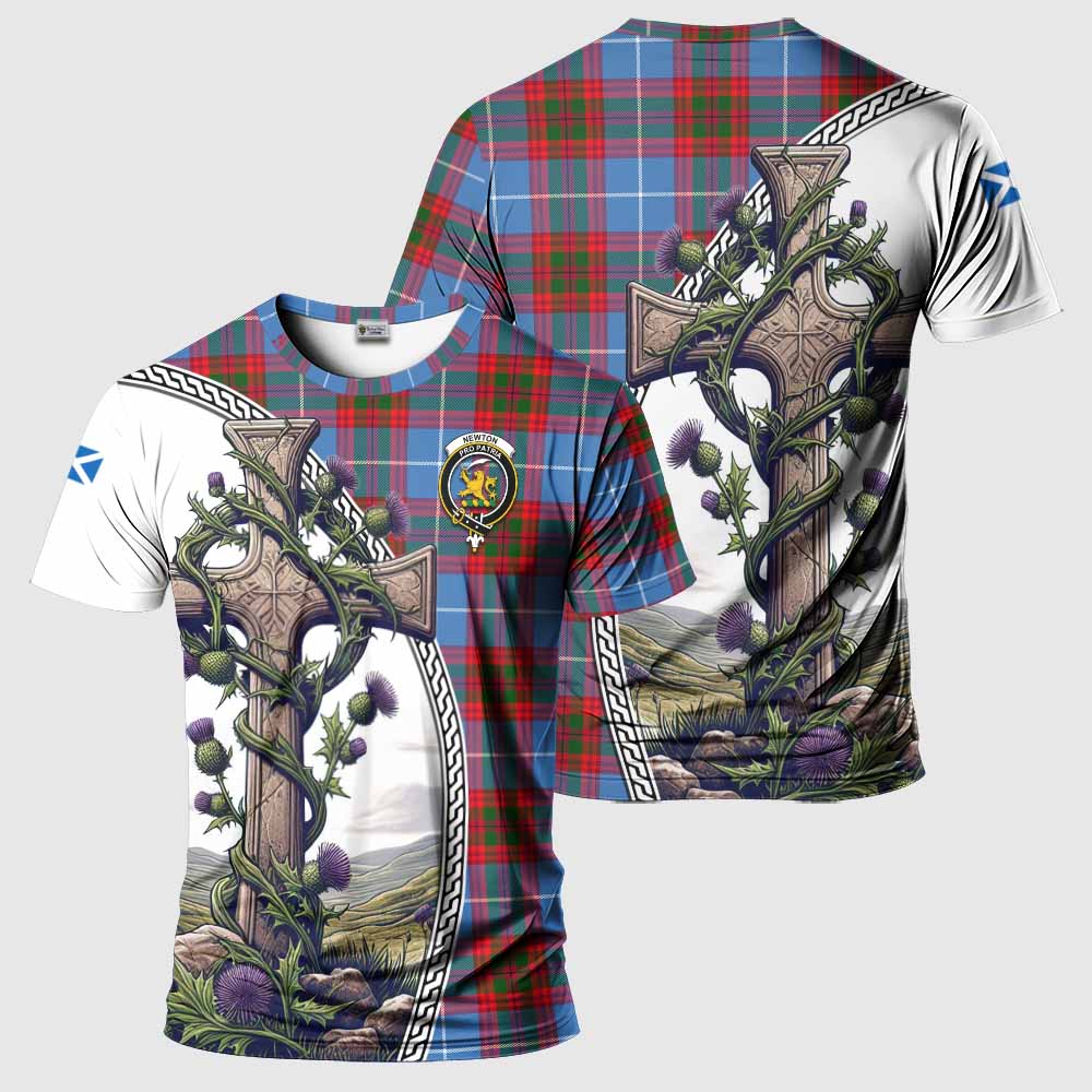 Tartan Vibes Clothing Newton Agnew Tartan T-Shirt with Family Crest and St. Andrew's Cross Accented by Thistle Vines