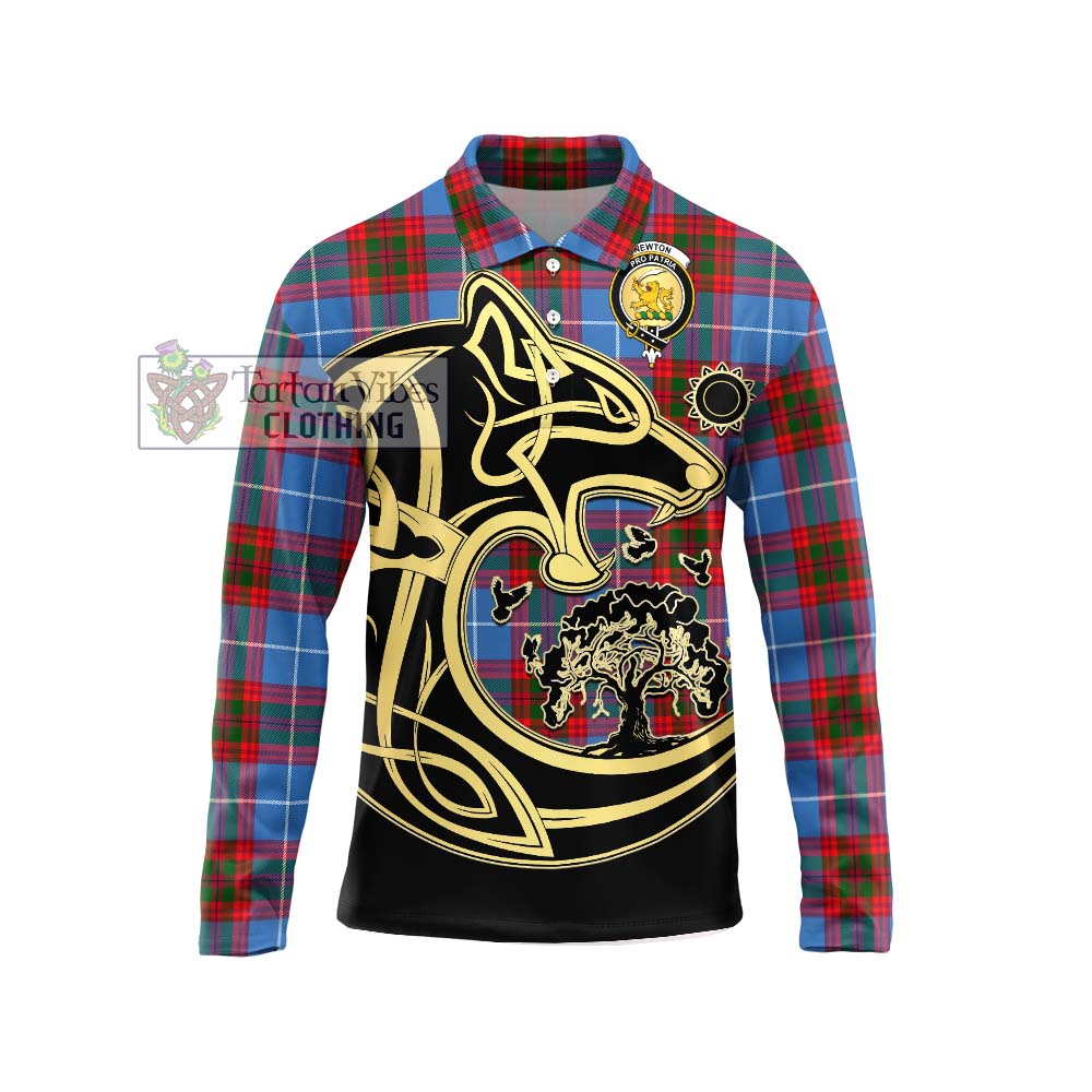 Newton Tartan Long Sleeve Polo Shirt with Family Crest Celtic Wolf Style Unisex - Tartanvibesclothing Shop