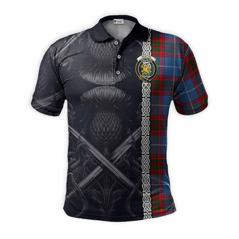 Tartan Vibes Clothing Newton Tartan Polo Shirt with Family Crest Cross Sword Thistle Celtic Vibes