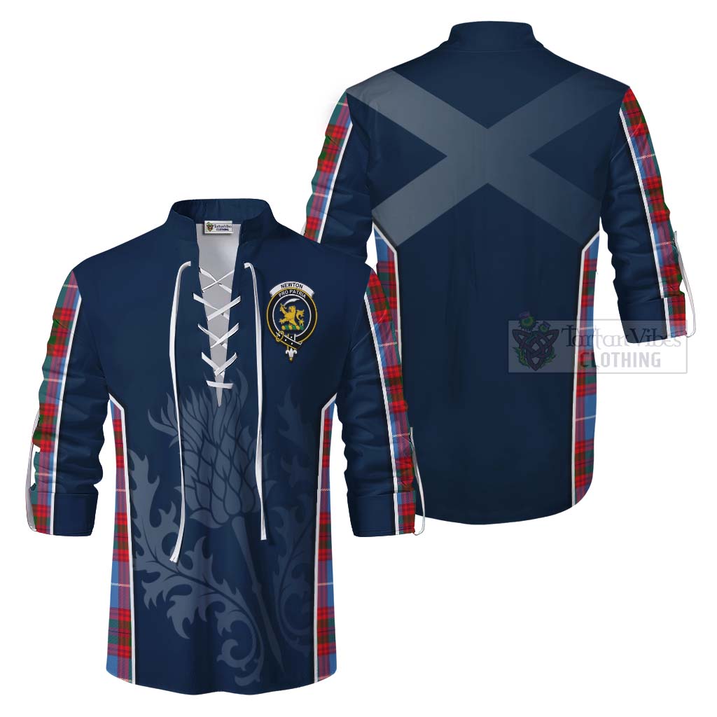 Tartan Vibes Clothing Newton Tartan Ghillie Kilt Shirt with Family Crest and Scottish Thistle Vibes Sport Style