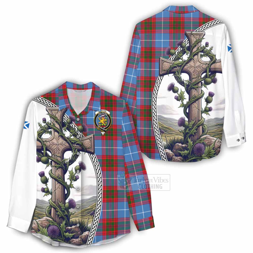 Tartan Vibes Clothing Newton Tartan Women's Casual Shirt with Family Crest and St. Andrew's Cross Accented by Thistle Vines