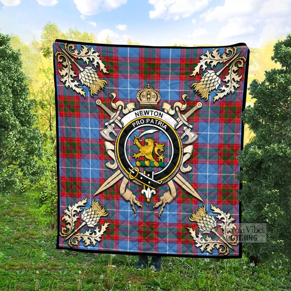 Tartan Vibes Clothing Newton Tartan Quilt with Family Crest and Scottish Golden Courage Shield