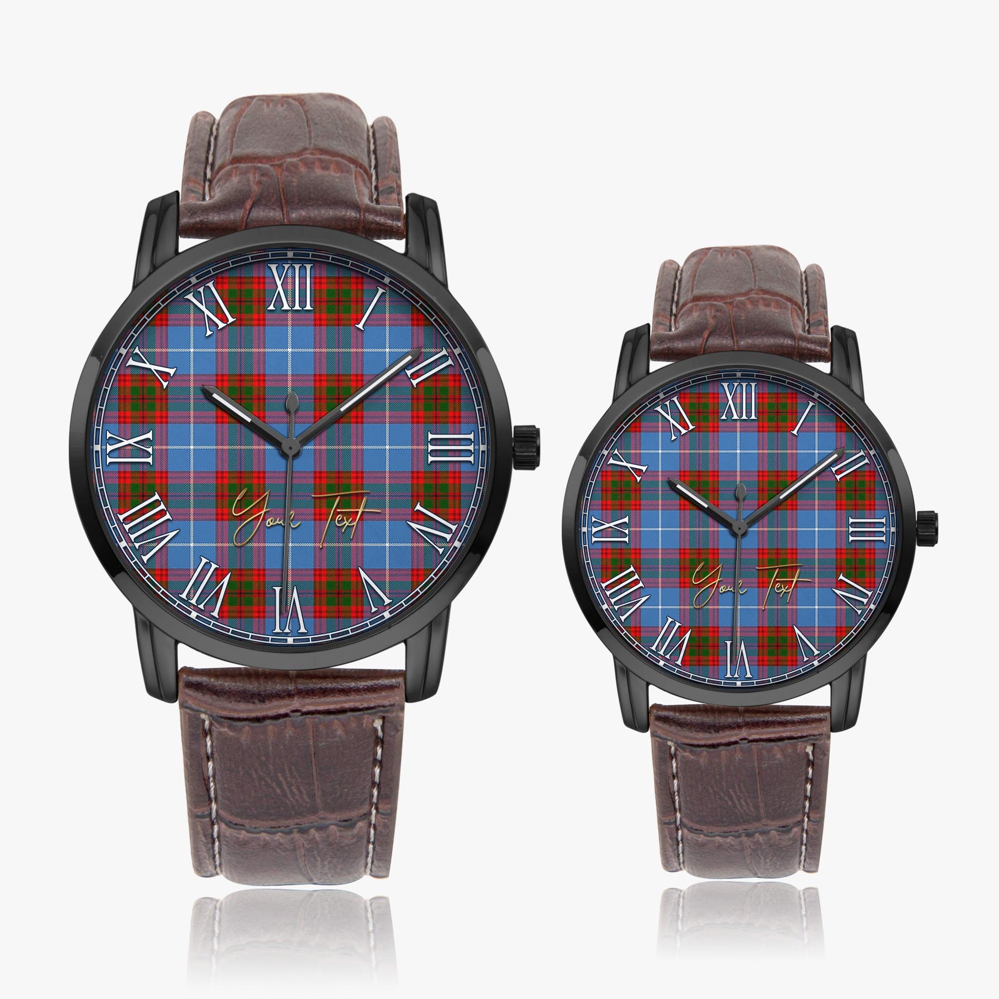 Newton Tartan Personalized Your Text Leather Trap Quartz Watch Wide Type Black Case With Brown Leather Strap - Tartanvibesclothing