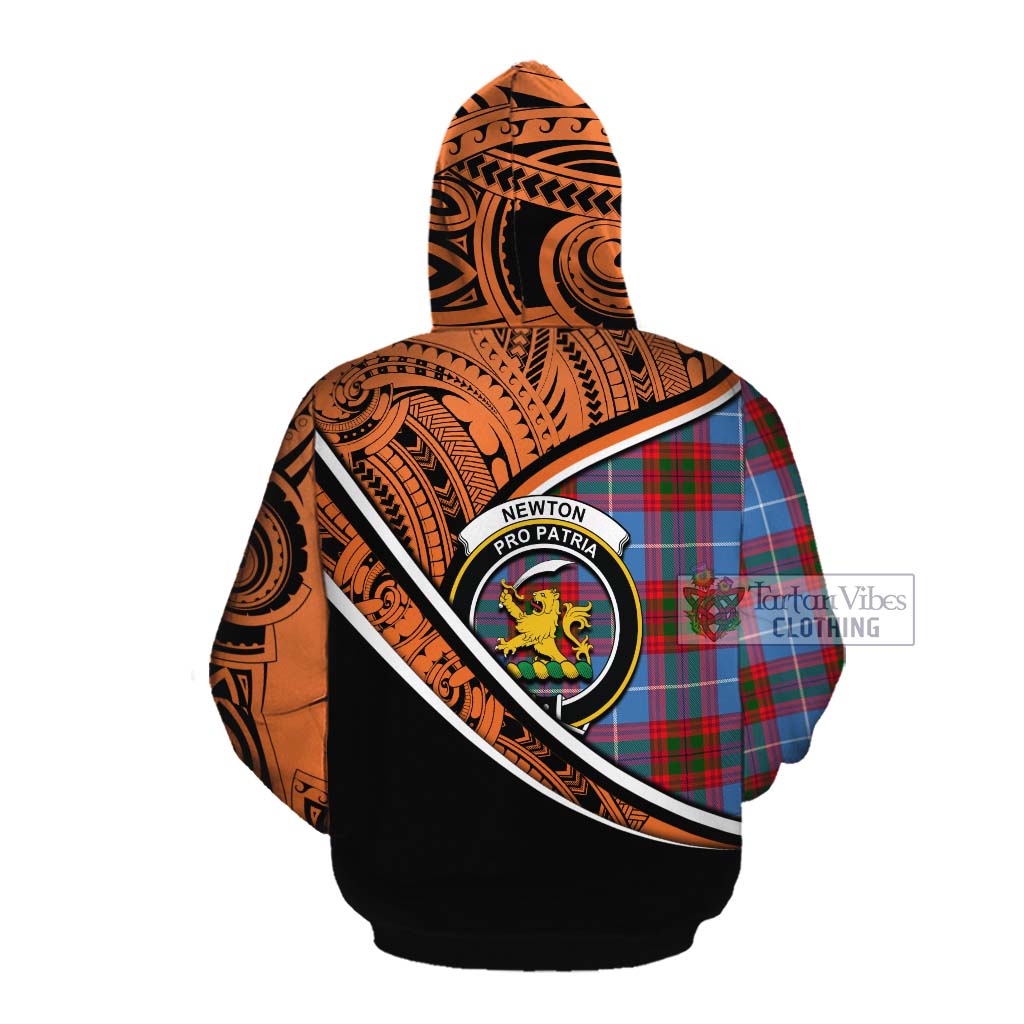 Tartan Vibes Clothing Newton Crest Tartan Cotton Hoodie with Maori Tattoo Style - Orange Version