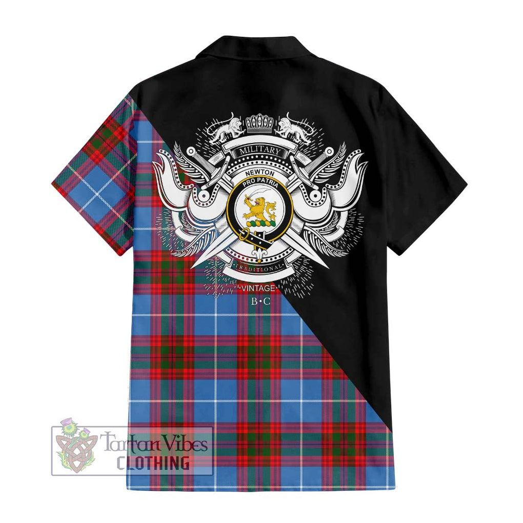 Newton Tartan Short Sleeve Button Shirt with Family Crest and Military Logo Style - Tartanvibesclothing Shop