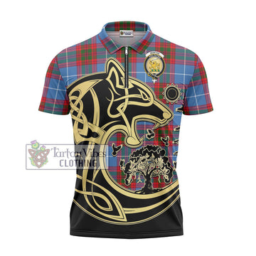 Newton Tartan Zipper Polo Shirt with Family Crest Celtic Wolf Style