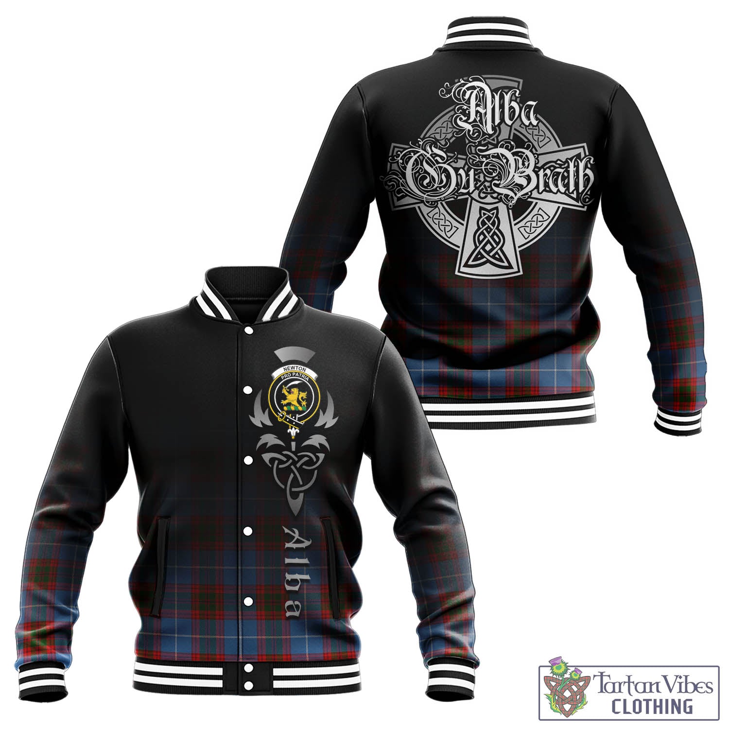 Tartan Vibes Clothing Newton Tartan Baseball Jacket Featuring Alba Gu Brath Family Crest Celtic Inspired