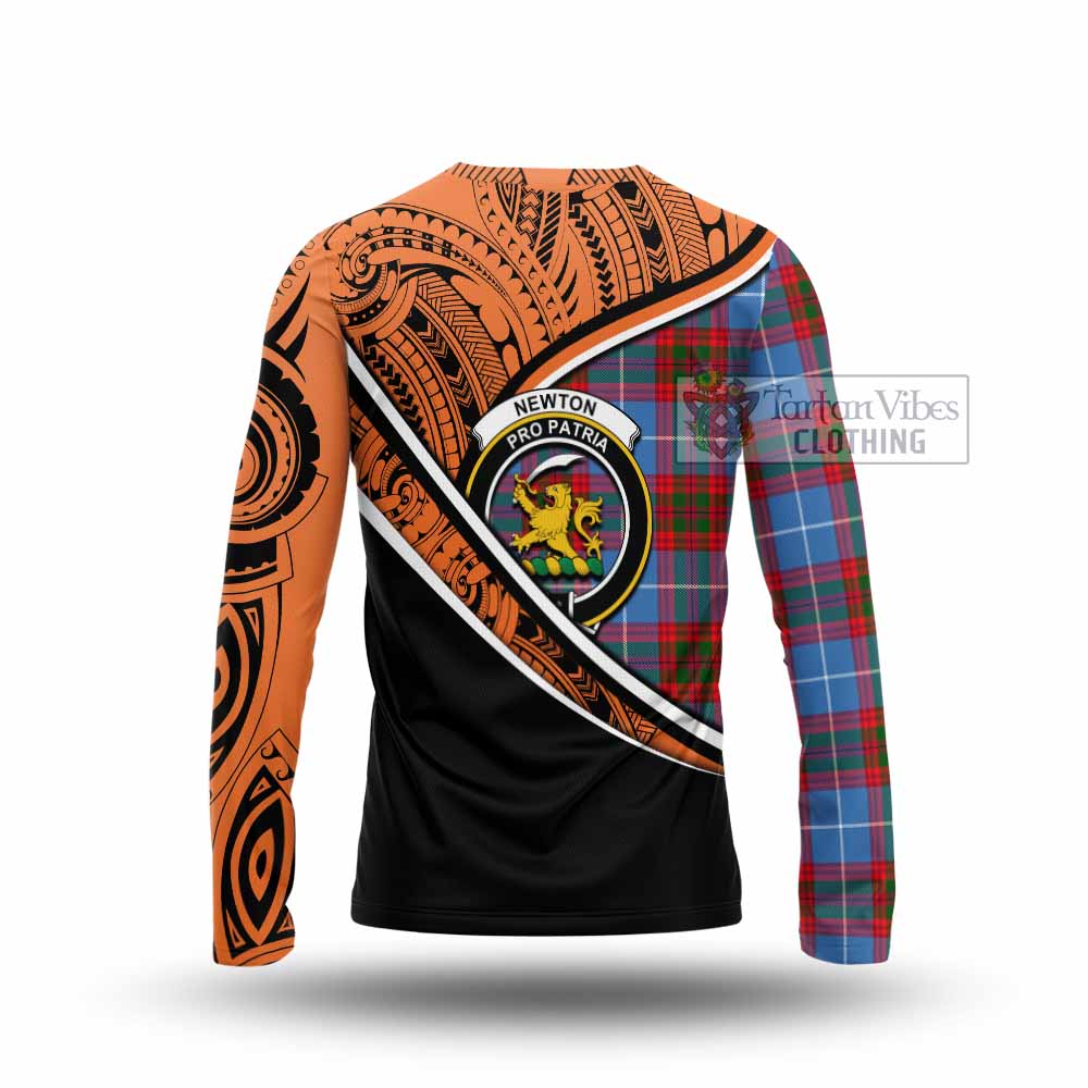 Tartan Vibes Clothing Newton Crest Tartan Long Sleeve T-Shirt with Maori Tattoo Style - Orange Version