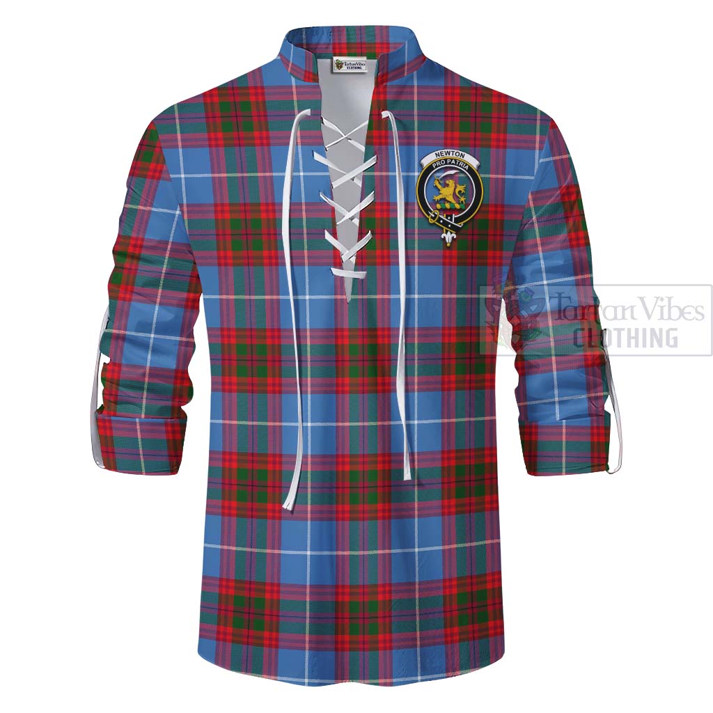 Tartan Vibes Clothing Newton Tartan Ghillie Kilt Shirt with Family Crest and Bearded Skull Holding Bottles of Whiskey