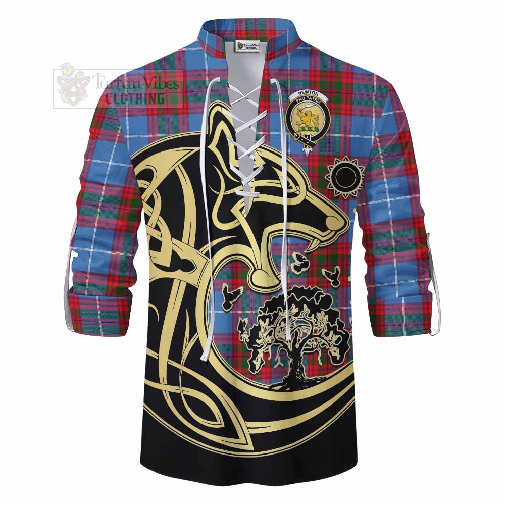 Tartan Vibes Clothing Newton Tartan Ghillie Kilt Shirt with Family Crest Celtic Wolf Style