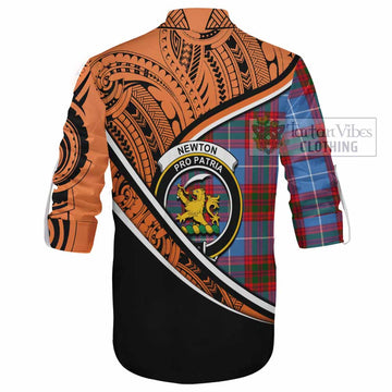 Newton Crest Tartan Ghillie Kilt Shirt with Polynesian Vibes Style - Orange Version