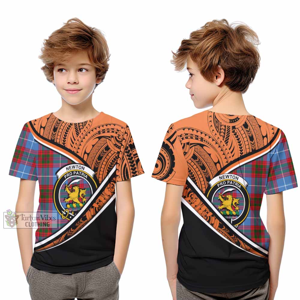 Tartan Vibes Clothing Newton Crest Tartan Kid T-Shirt with Maori Tattoo Style - Orange Version